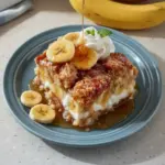 Delicious homemade Banana Cobbler served in a dish with a scoop of ice cream