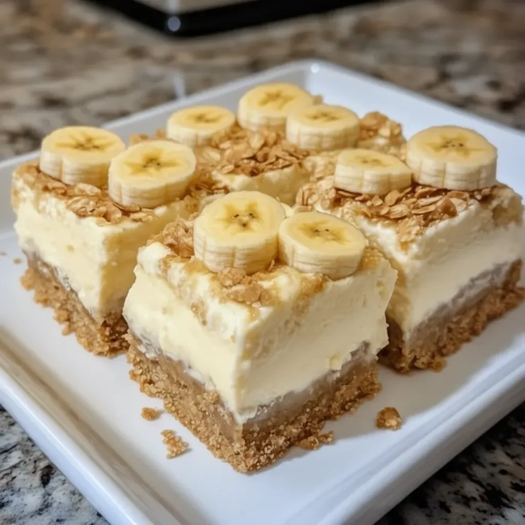 Delicious banana pudding cheesecake squares served on a plate