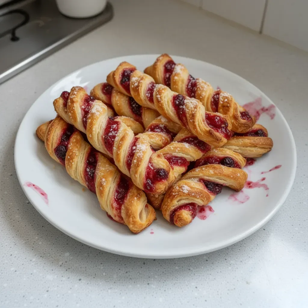 Freshly baked Berry Puff Twists with mixed berries on a wooden table.