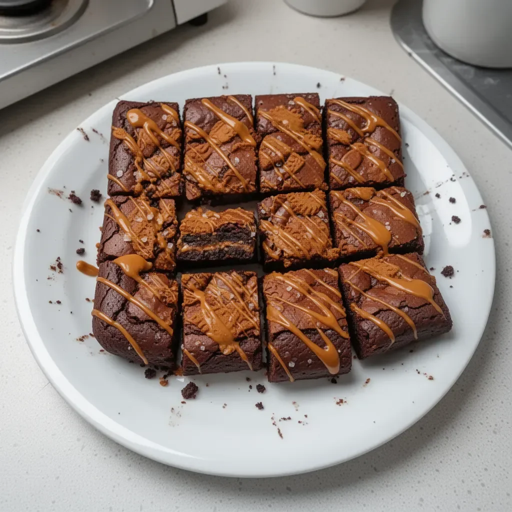 Delicious Biscoff brownies topped with drizzle and cookie crumbs