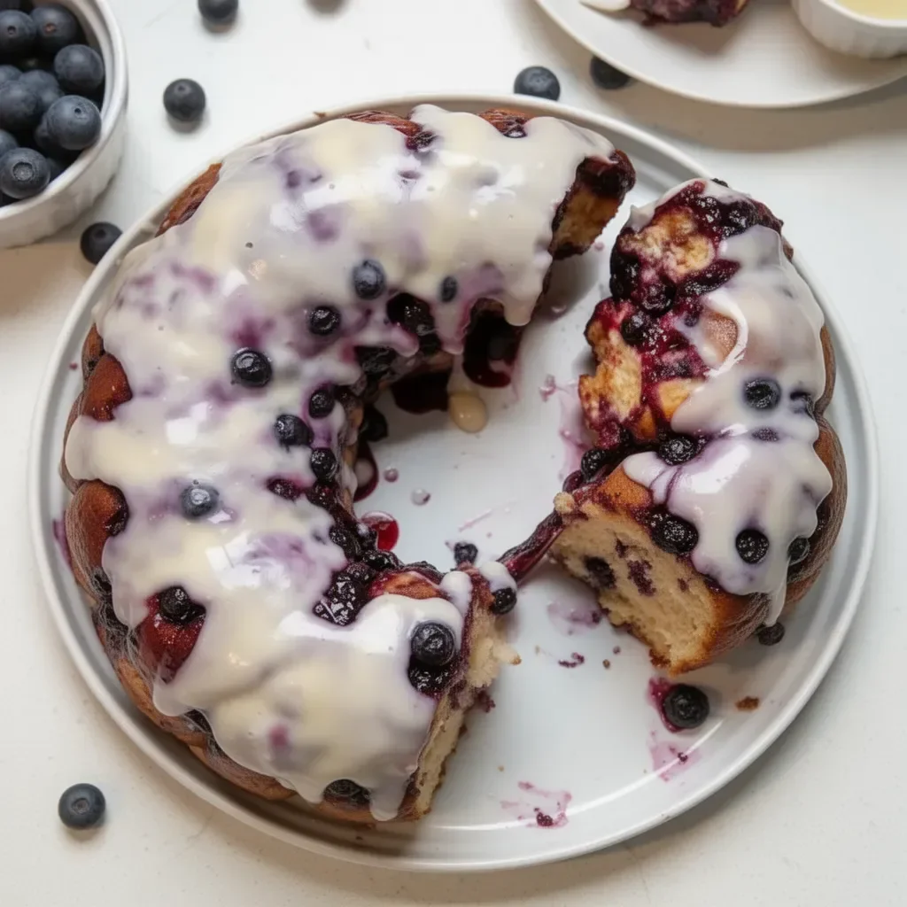 Homemade blueberry monkey bread with a golden-brown crust and blueberries