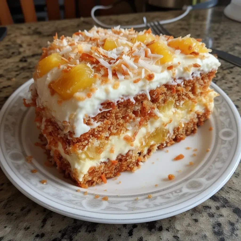 Slice of moist Carrot Pineapple Cake topped with cream cheese frosting