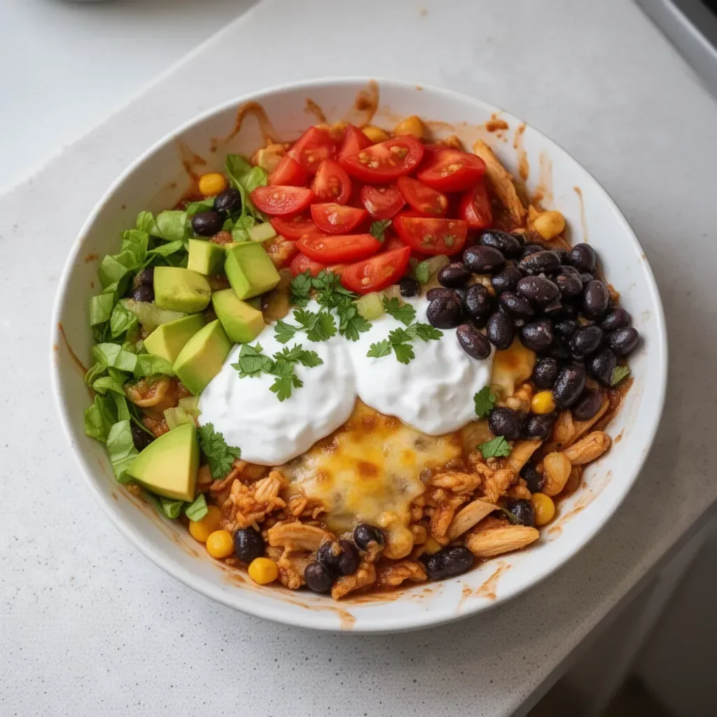 Delicious Chicken Enchilada Bowl topped with fresh ingredients and herbs
