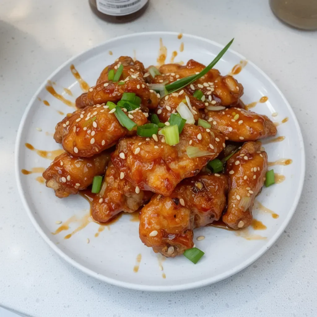 Delicious plate of Chinese honey garlic chicken garnished with green onions