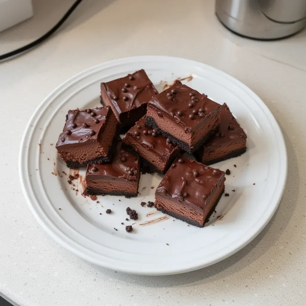 Delicious Chocolate Cheesecake Bars topped with chocolate drizzle