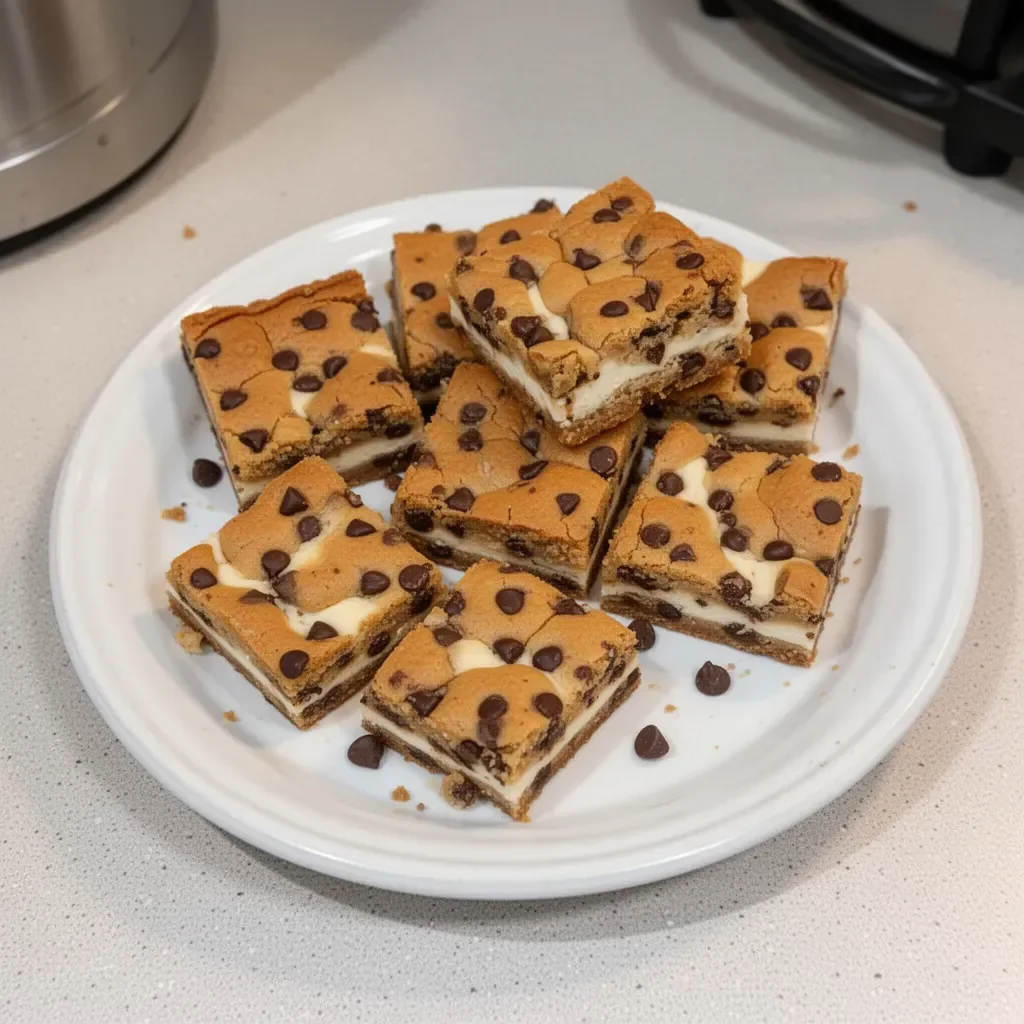 Delicious chocolate chip cheesecake bars on a wooden table
