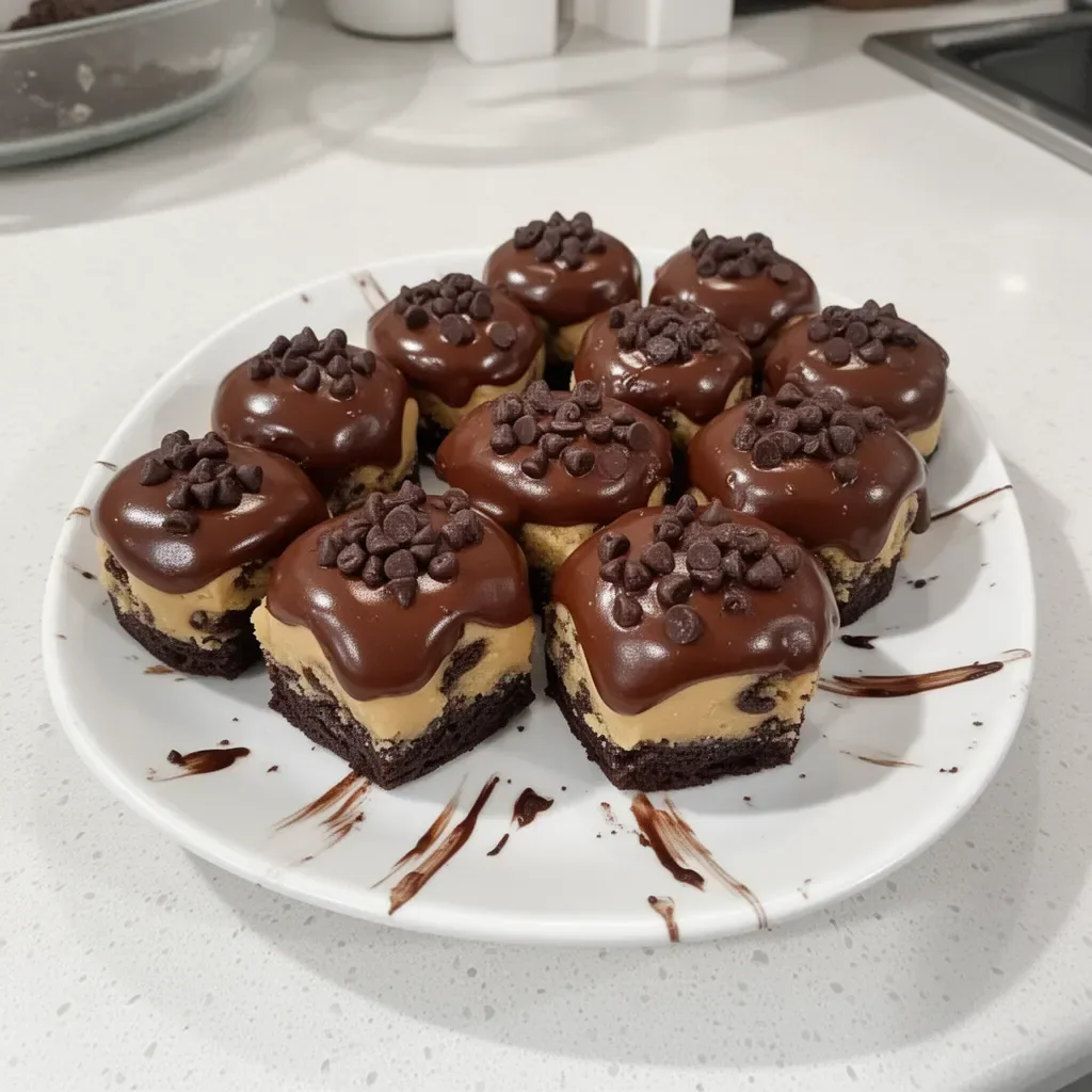 Delicious Chocolate Chip Cookie Dough Brownie Bites stacked as a treat