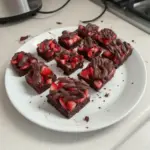 Delicious chocolate covered strawberry brownies on a plate