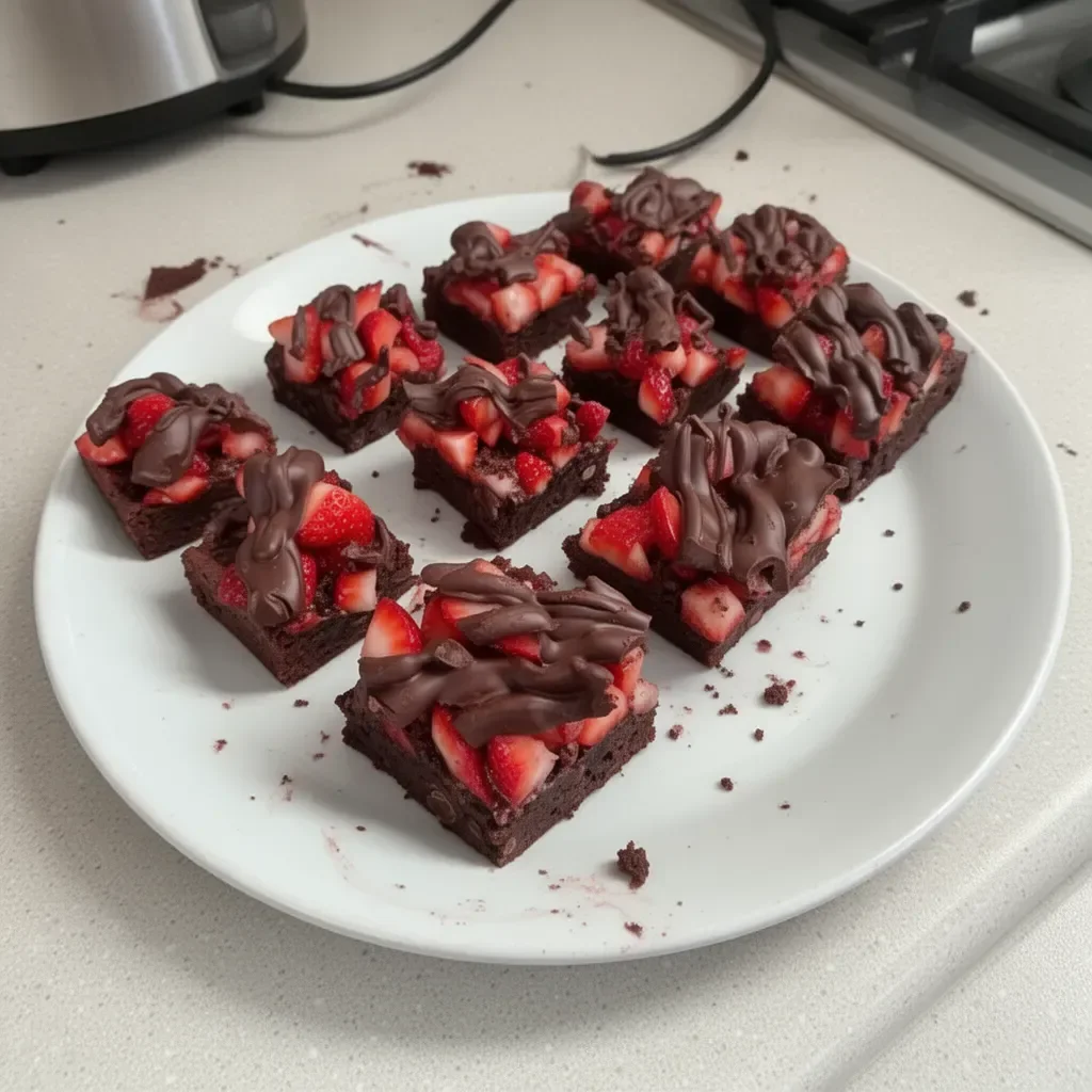 Delicious chocolate covered strawberry brownies on a plate