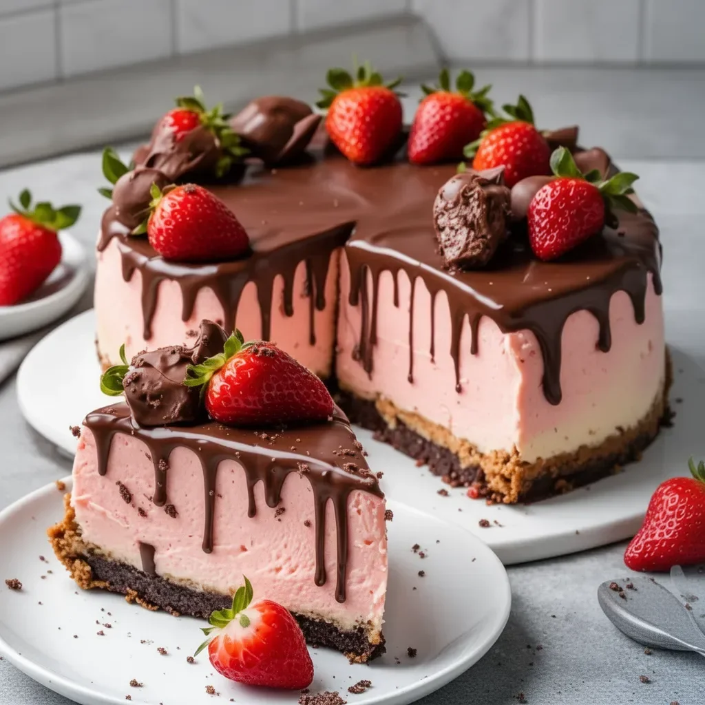 Decadent chocolate covered strawberry cheesecake on a plate