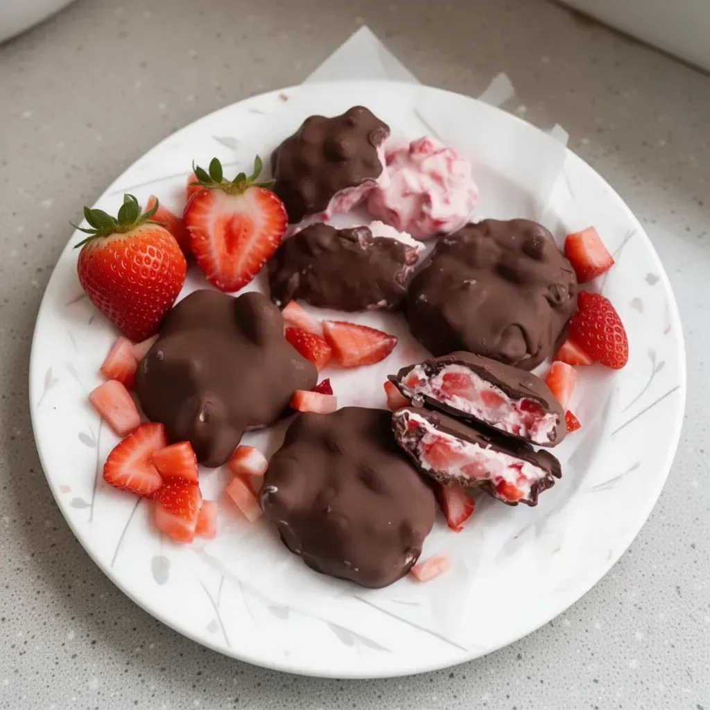 Delicious Chocolate Strawberry Yogurt Clusters on a plate ready to enjoy