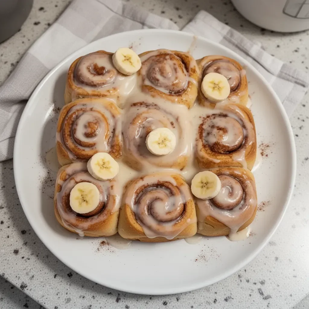 Freshly baked Cinnamon Banana Rolls drizzled with icing on a wooden table