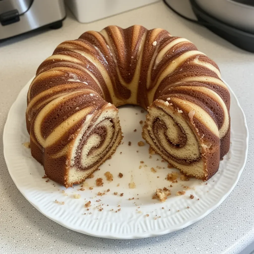 Delicious Cinnamon Swirl Bundt Cake with a moist texture and cinnamon topping