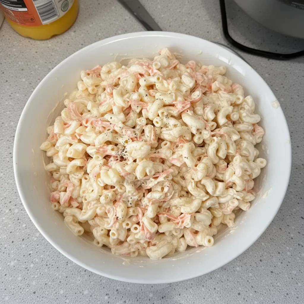 Bowl of classic Hawaiian macaroni salad with vegetables and dressing