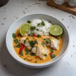 Coconut Lime Fish Curry served with Jasmine Rice in a vibrant dish