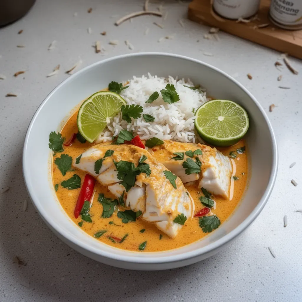 Coconut Lime Fish Curry served with Jasmine Rice in a vibrant dish