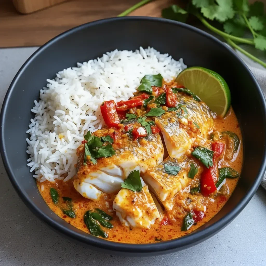 Delicious Coconut Lime Fish Curry served with Jasmine Rice in a bowl.