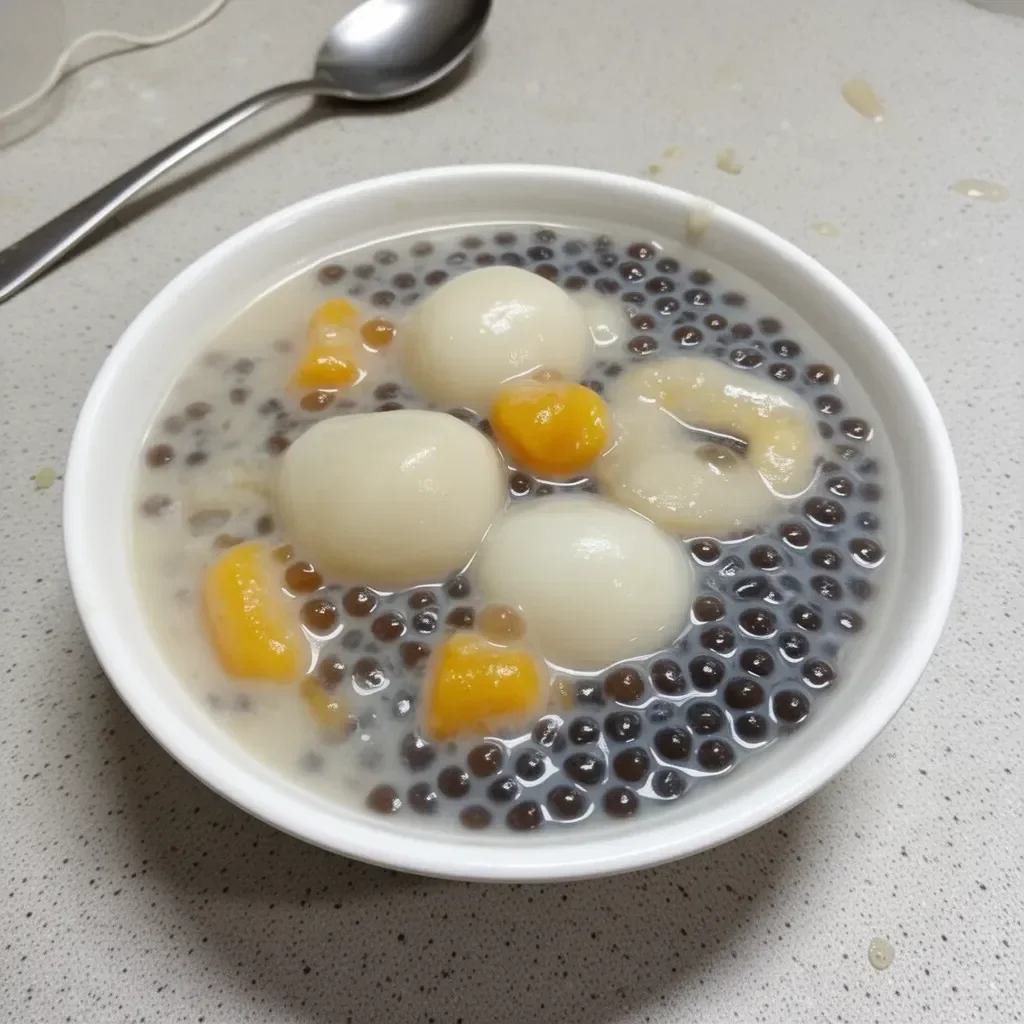 Coconut milk dessert featuring glutinous rice balls and tapioca pearls.