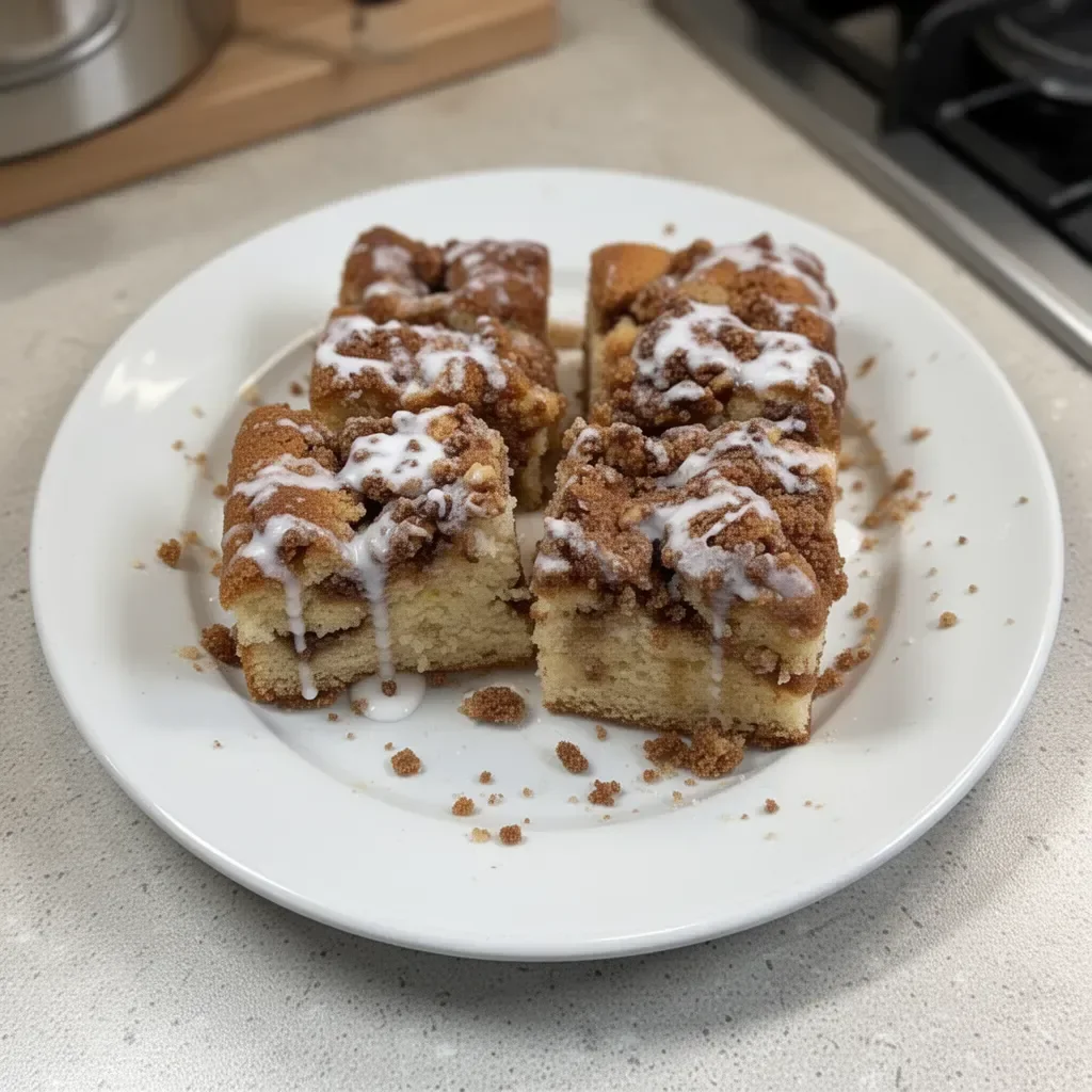 Delicious homemade coffee cake with crumble topping on a plate