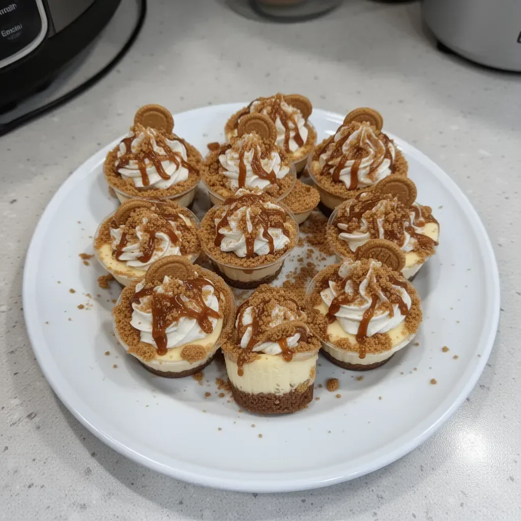 Cookie butter cheesecake cups topped with a drizzle of cookie butter and crushed cookies