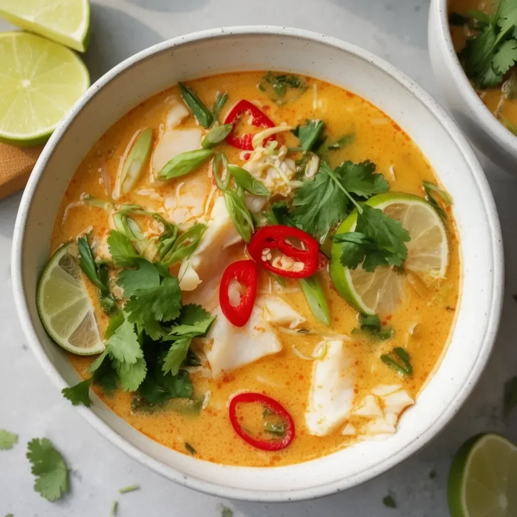 Bowl of creamy coconut lime fish soup with fresh herbs and lime.