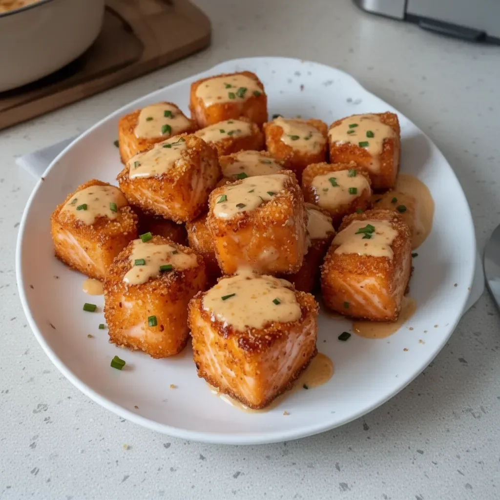 Crispy Bang Bang Salmon Bites served on a plate with dipping sauce.