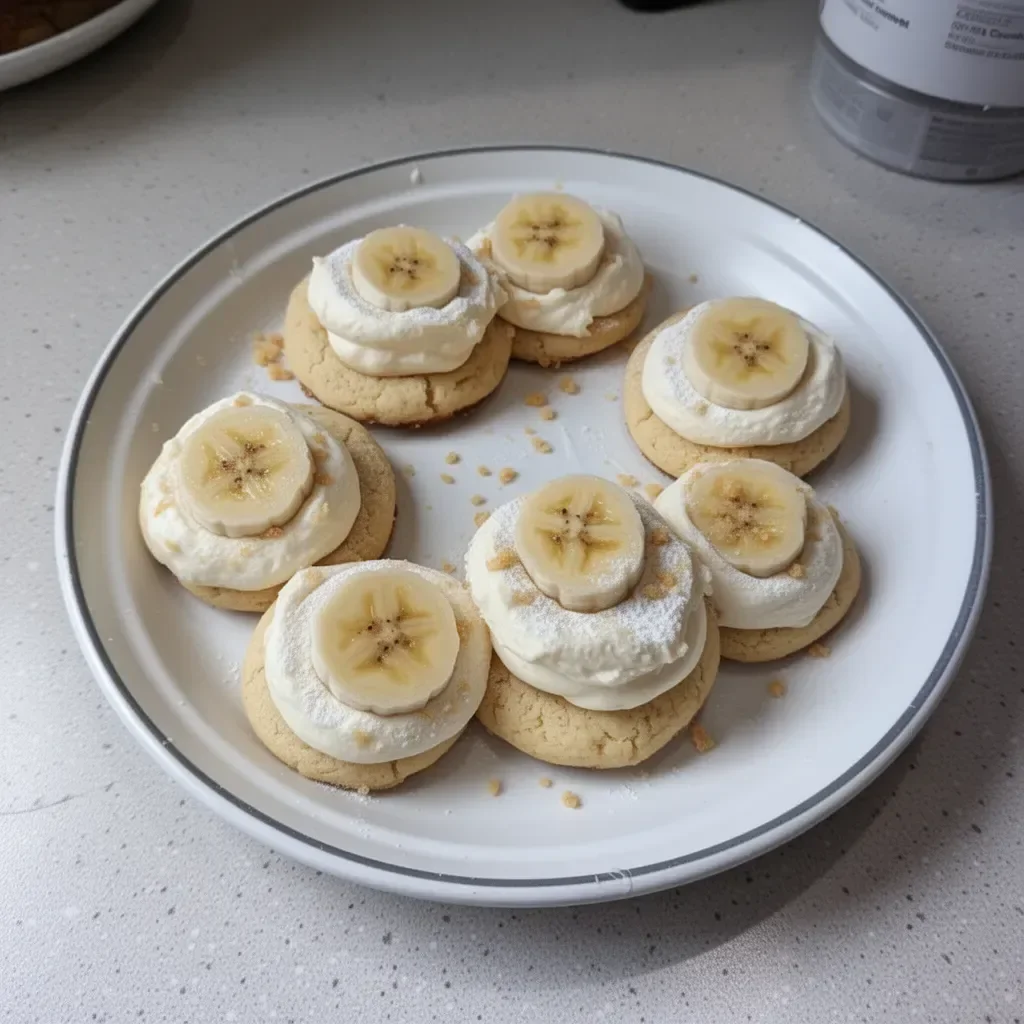 Crumbl Banana Cream Pie Cookies stacked on a white plate