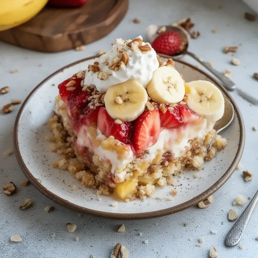 Delicious Easy Banana Split Dump Cake topped with fruits and whipped cream