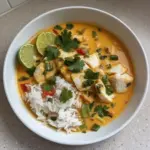 Pleasing presentation of easy Coconut Lime Fish Curry with Jasmine rice.