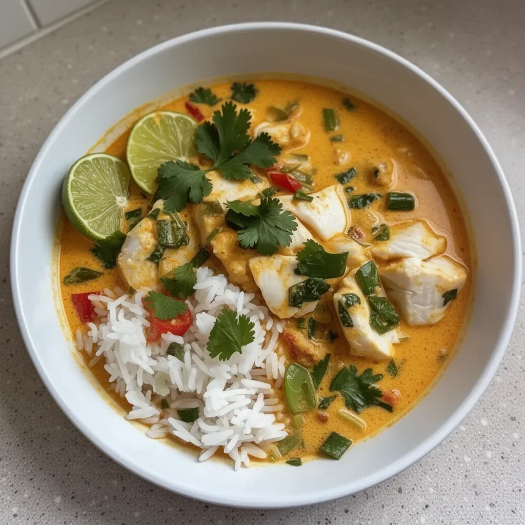 Pleasing presentation of easy Coconut Lime Fish Curry with Jasmine rice.