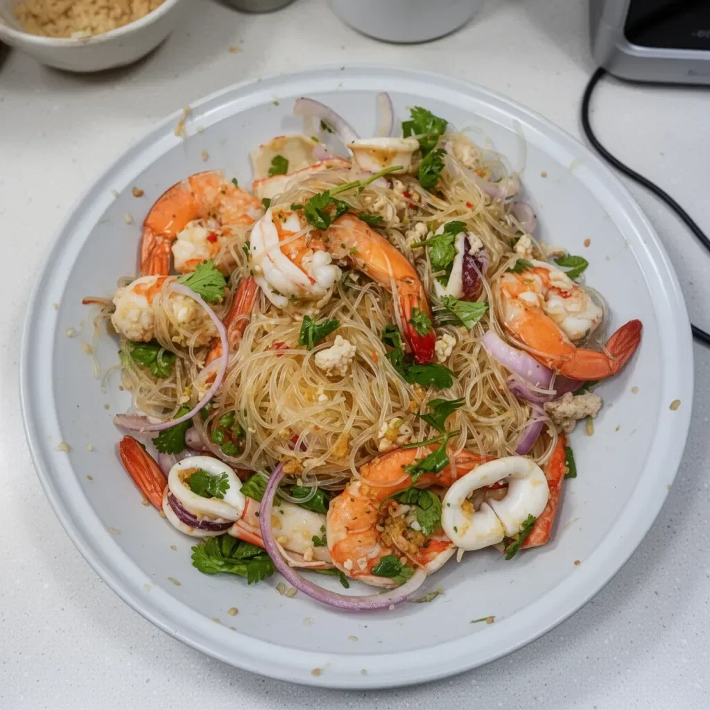 A vibrant glass noodle salad with colorful vegetables and herbs