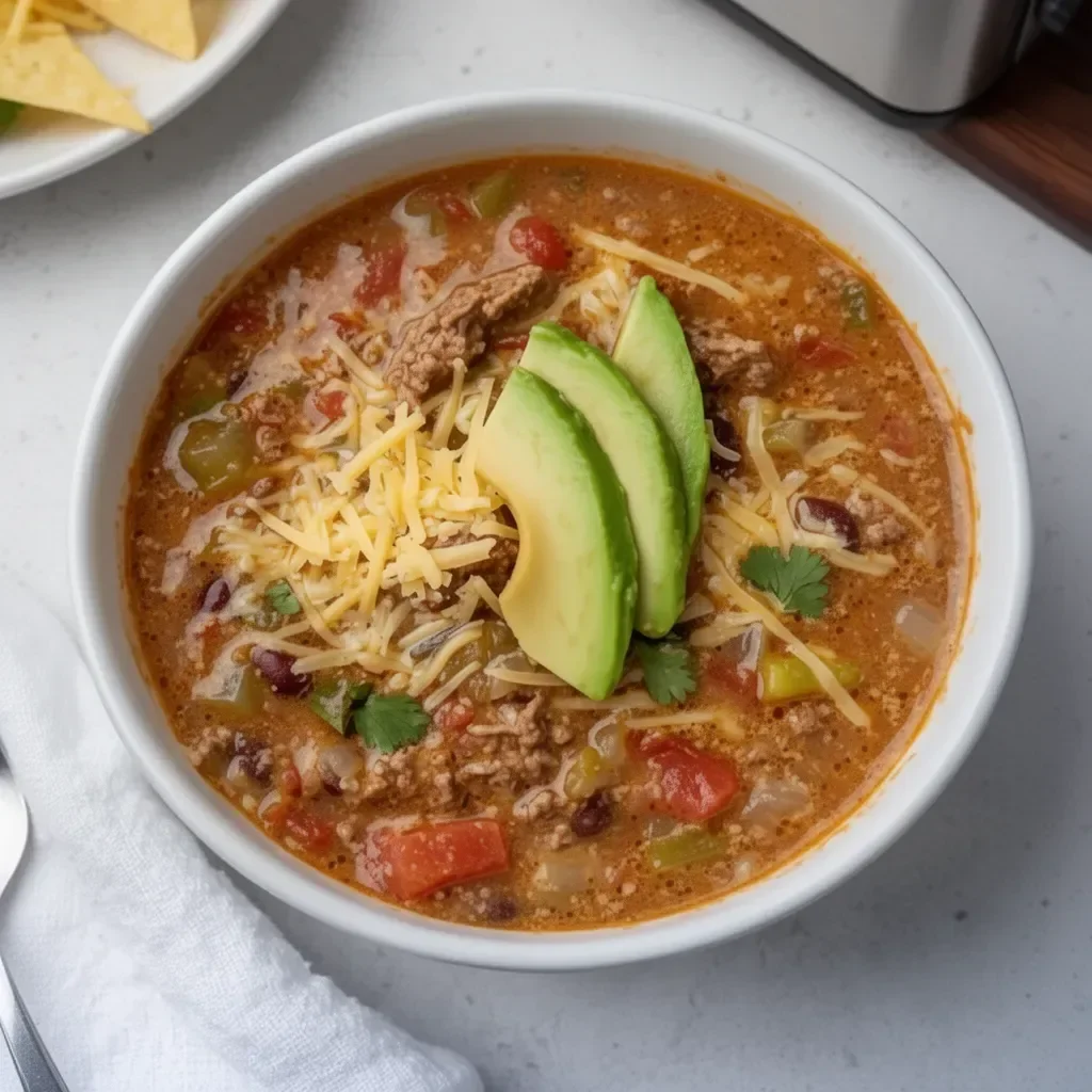 Bowl of easy ground venison taco soup garnished with cheese and cilantro