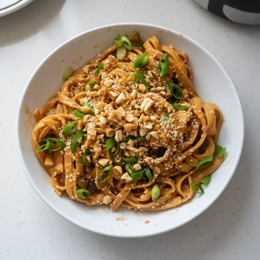 Bowl of easy peanut noodles garnished with vegetables and sesame seeds