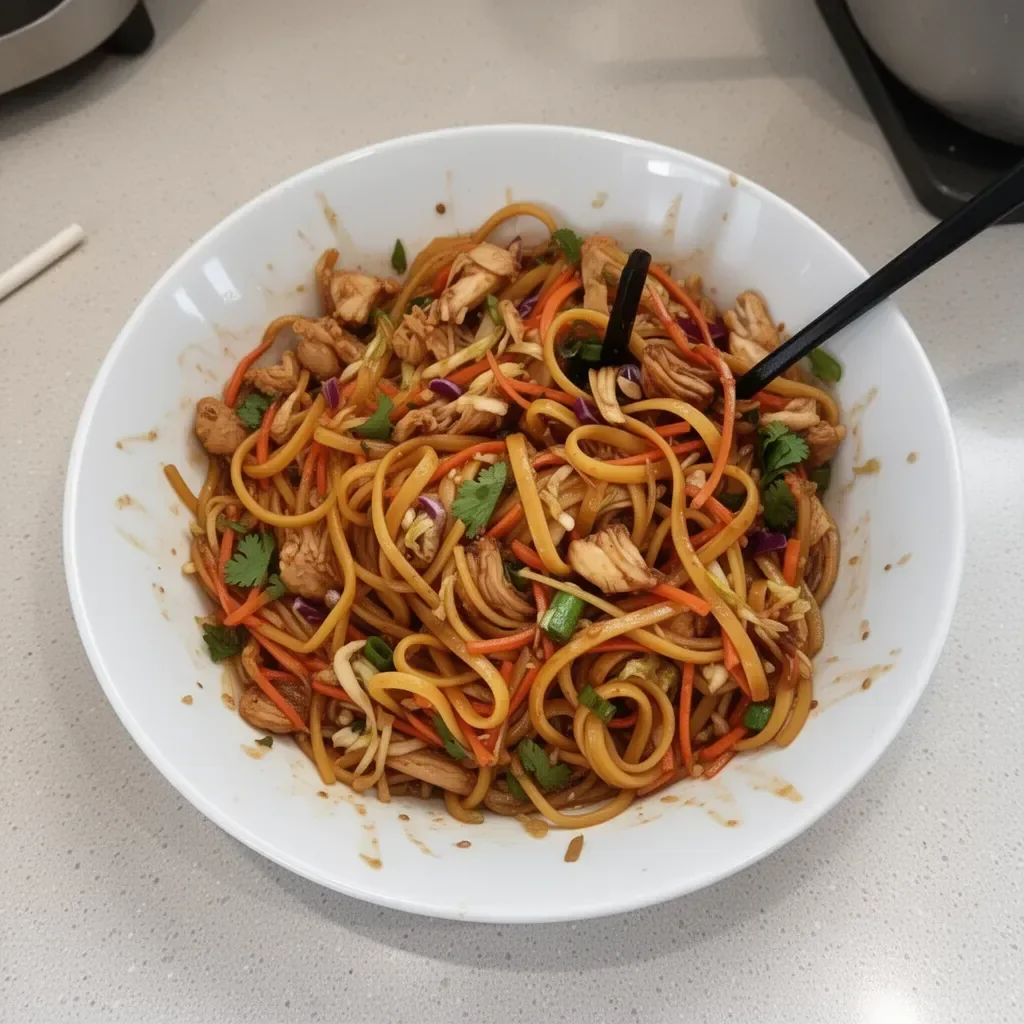 Delicious plate of easy Thai noodles garnished with fresh vegetables