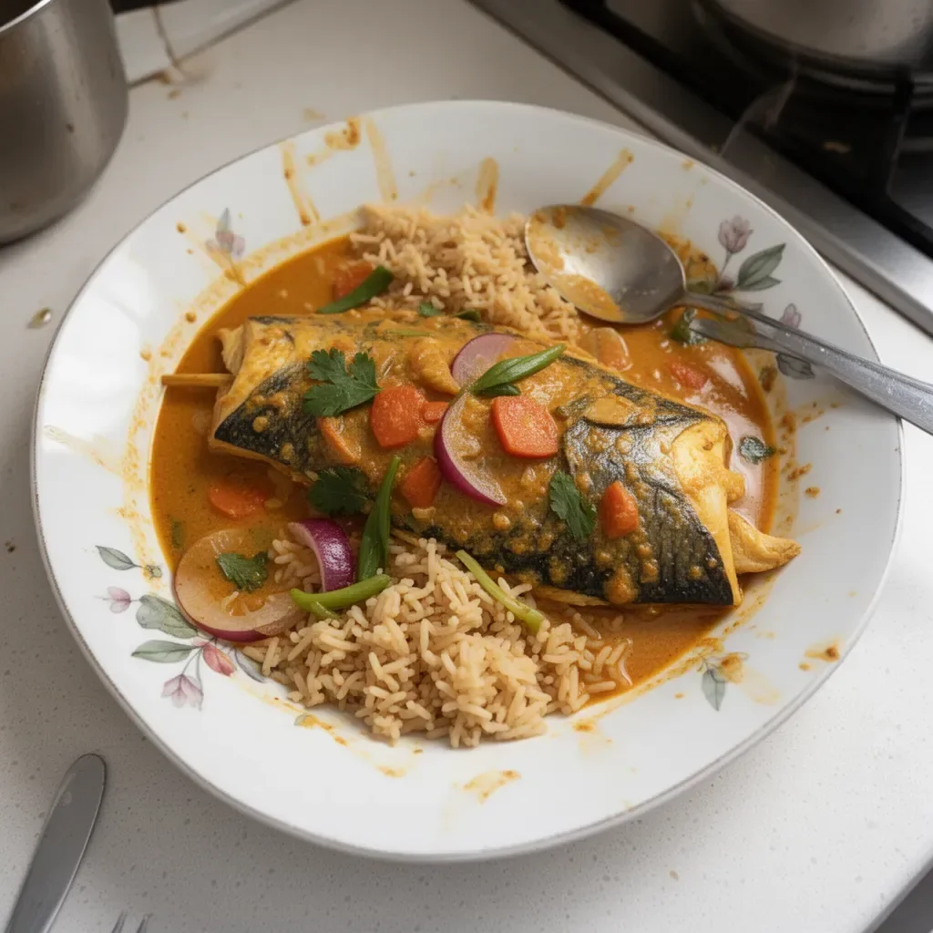 Delicious homemade fish curry served in a bowl with fresh herbs and spices.