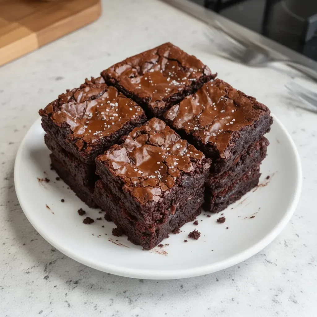 Fudgy chewy brownies topped with chocolate ganache on a plate.