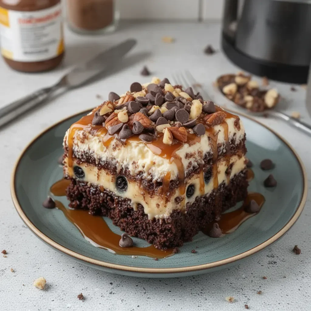 Slice of German Chocolate Poke Cake with coconut pecan frosting on a plate