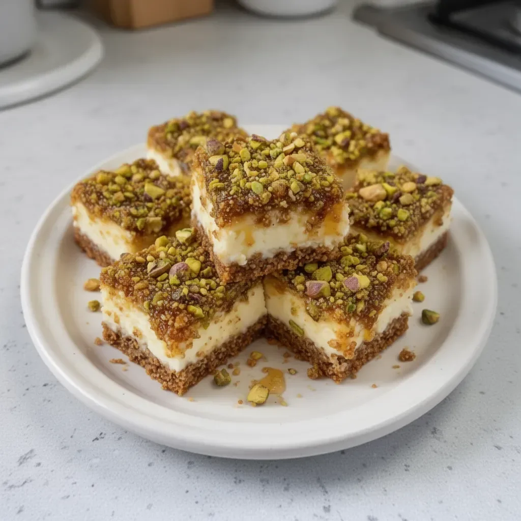 Creamy Greek Honey Pistachio Cheesecake Bars topped with crushed pistachios
