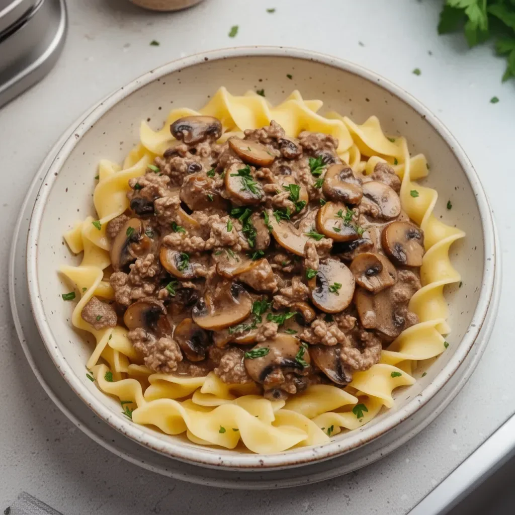 Delicious Ground Venison Stroganoff served on a plate with creamy sauce and pasta.