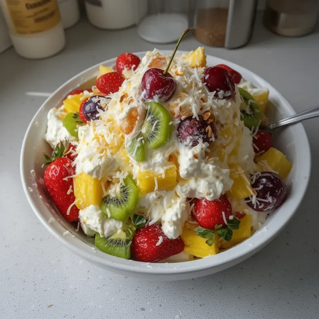Delicious Hawaiian Cheesecake Salad with tropical fruits and creamy filling