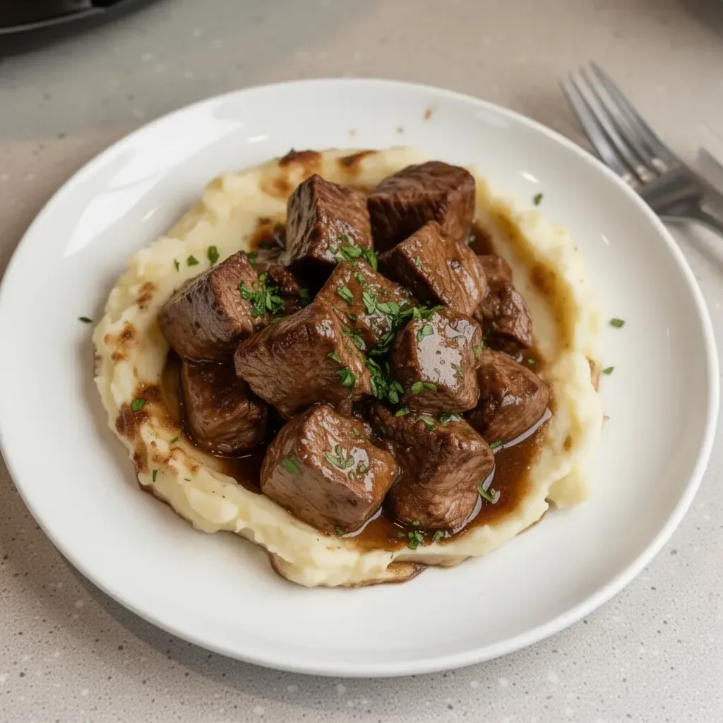 Healthy crock pot garlic butter steak bites served on a plate