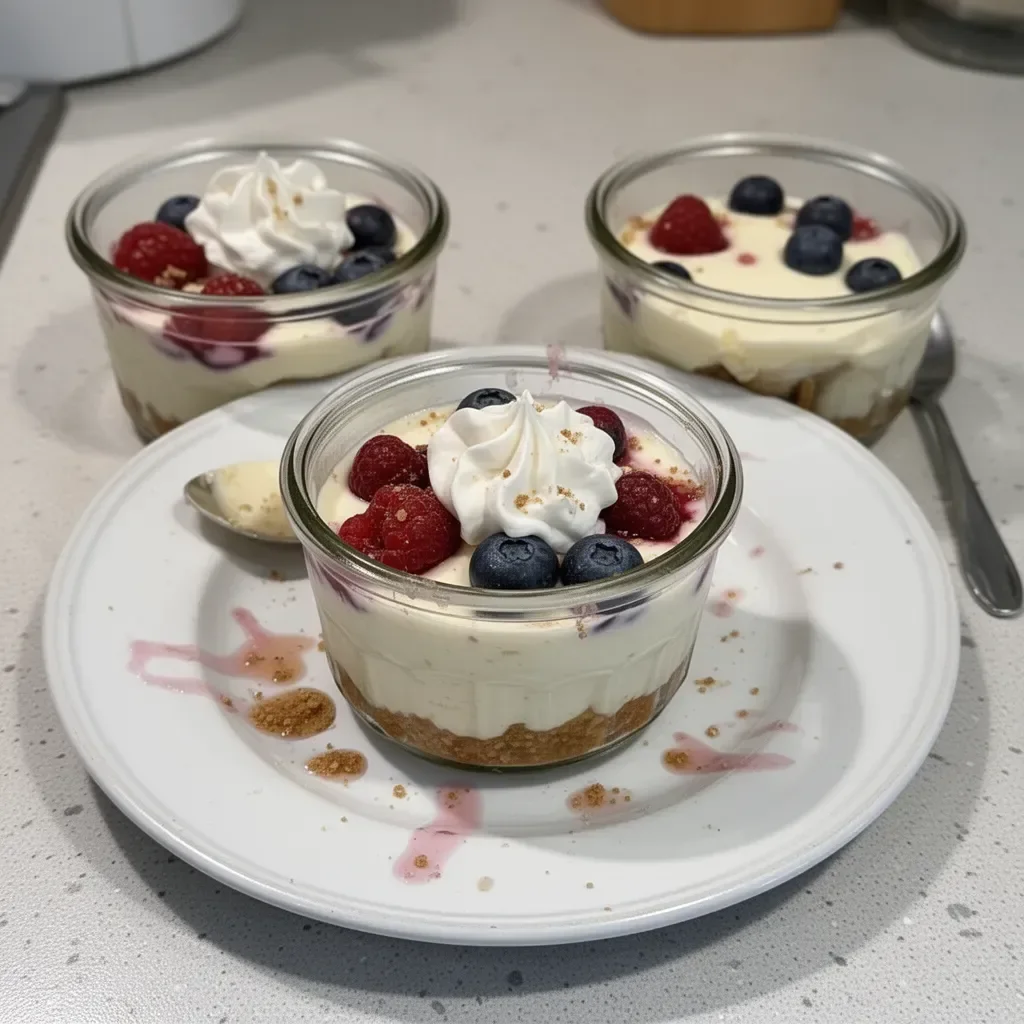 Healthy protein cheesecake jars topped with fresh berries and a dusting of cocoa