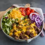 High-protein cheeseburger bowls with ground beef and burger sauce