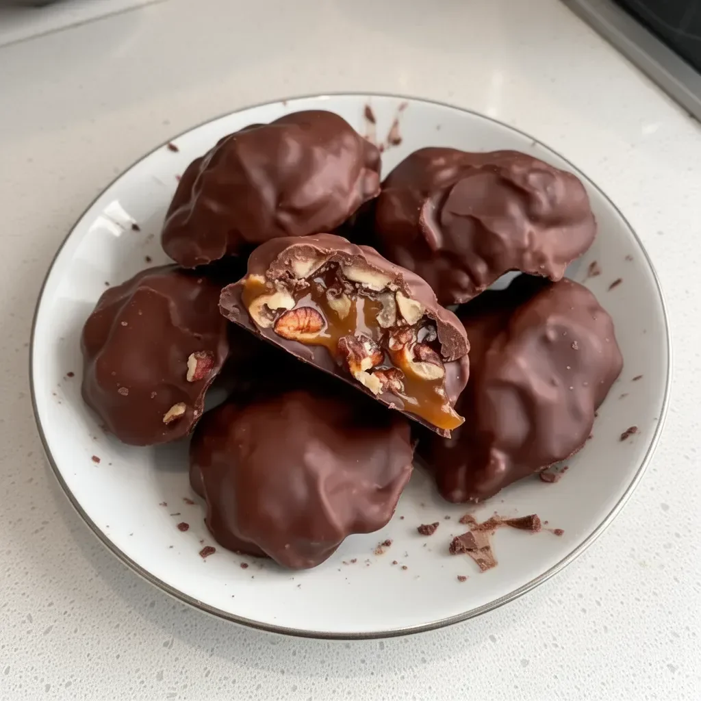 Homemade chocolate turtles featuring caramel and nuts
