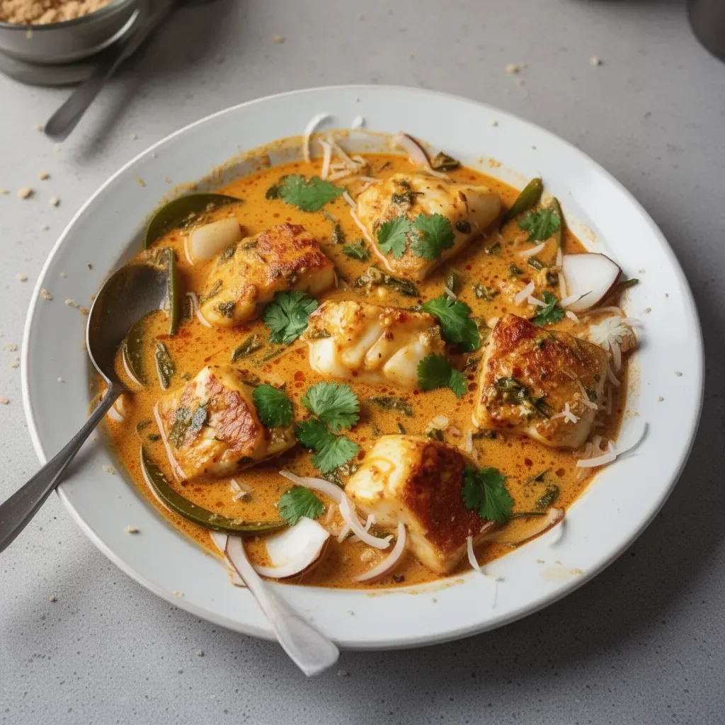 Delicious coconut fish curry served in a bowl with herbs and spices
