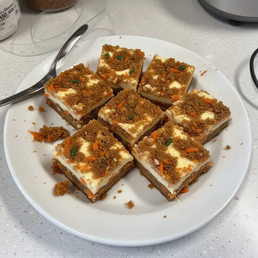 Irresistibly indulgent carrot cake cream cheese bars on a plate