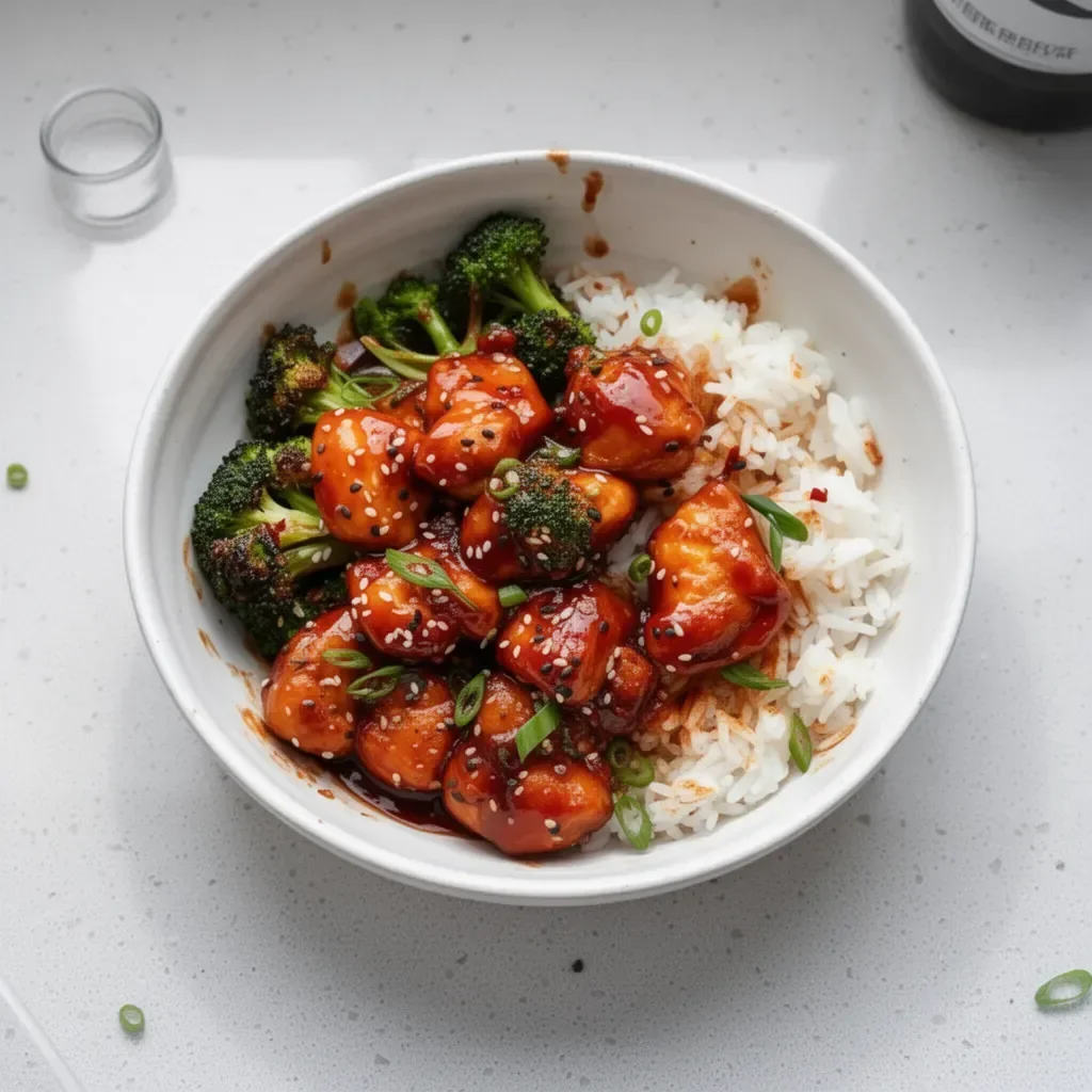 A plate of delicious Korean chicken garnished with sesame seeds and green onions.