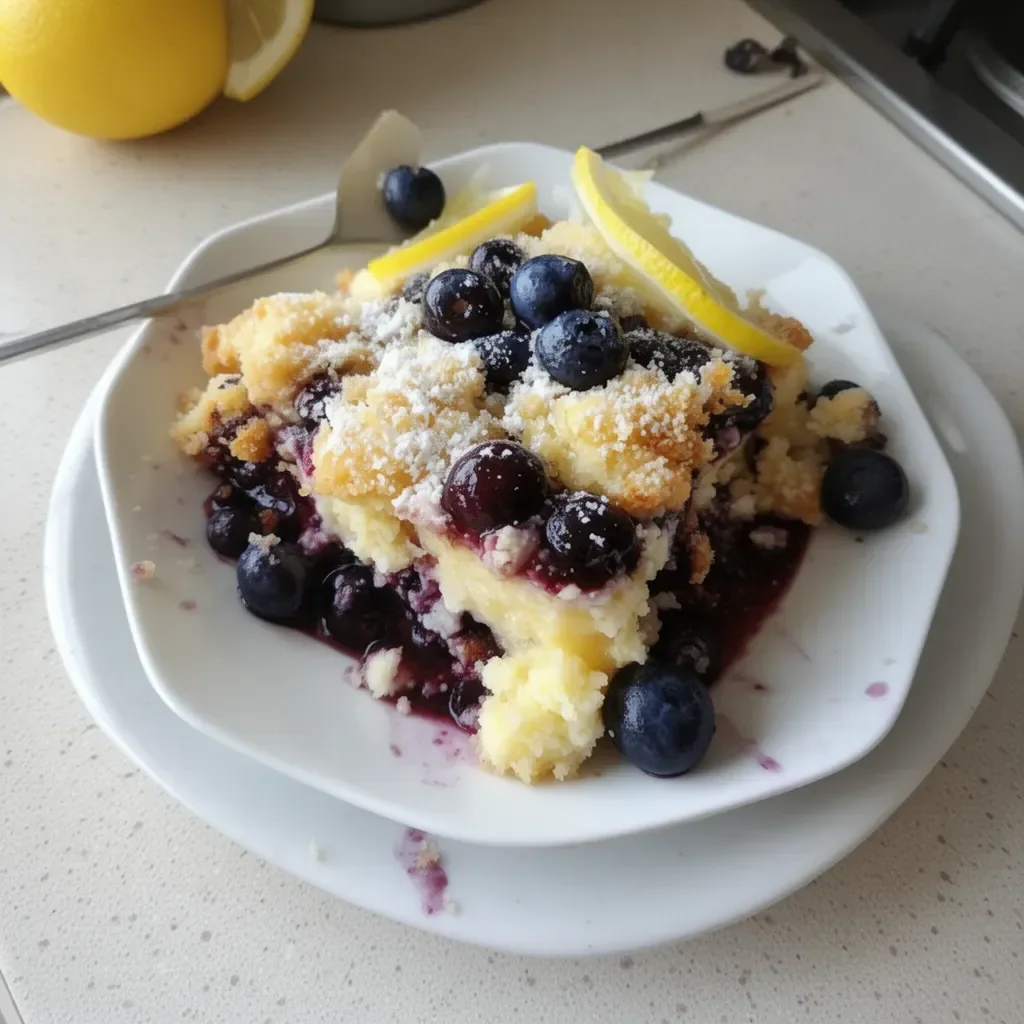 Lemon Blueberry Cheesecake Dump Cake topped with fresh blueberries and lemon zest.
