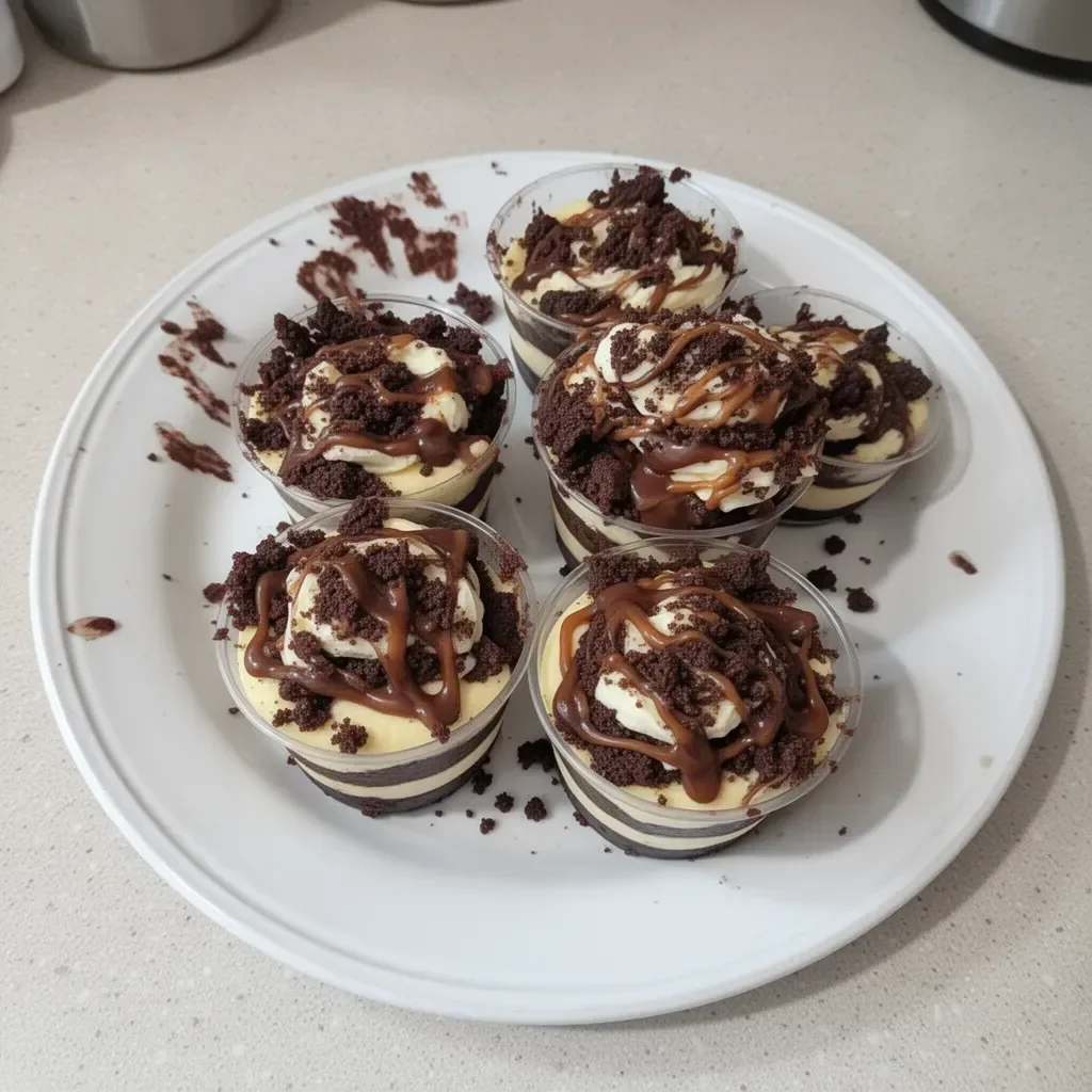 Delicious loaded brownie cheesecake cups topped with chocolate and cream.