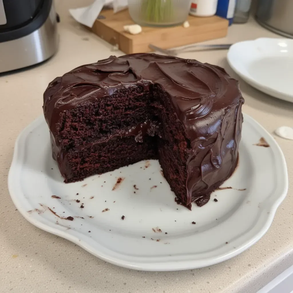 A sumptuous slice of Matilda's chocolate cake, rich and moist, ready to be enjoyed.